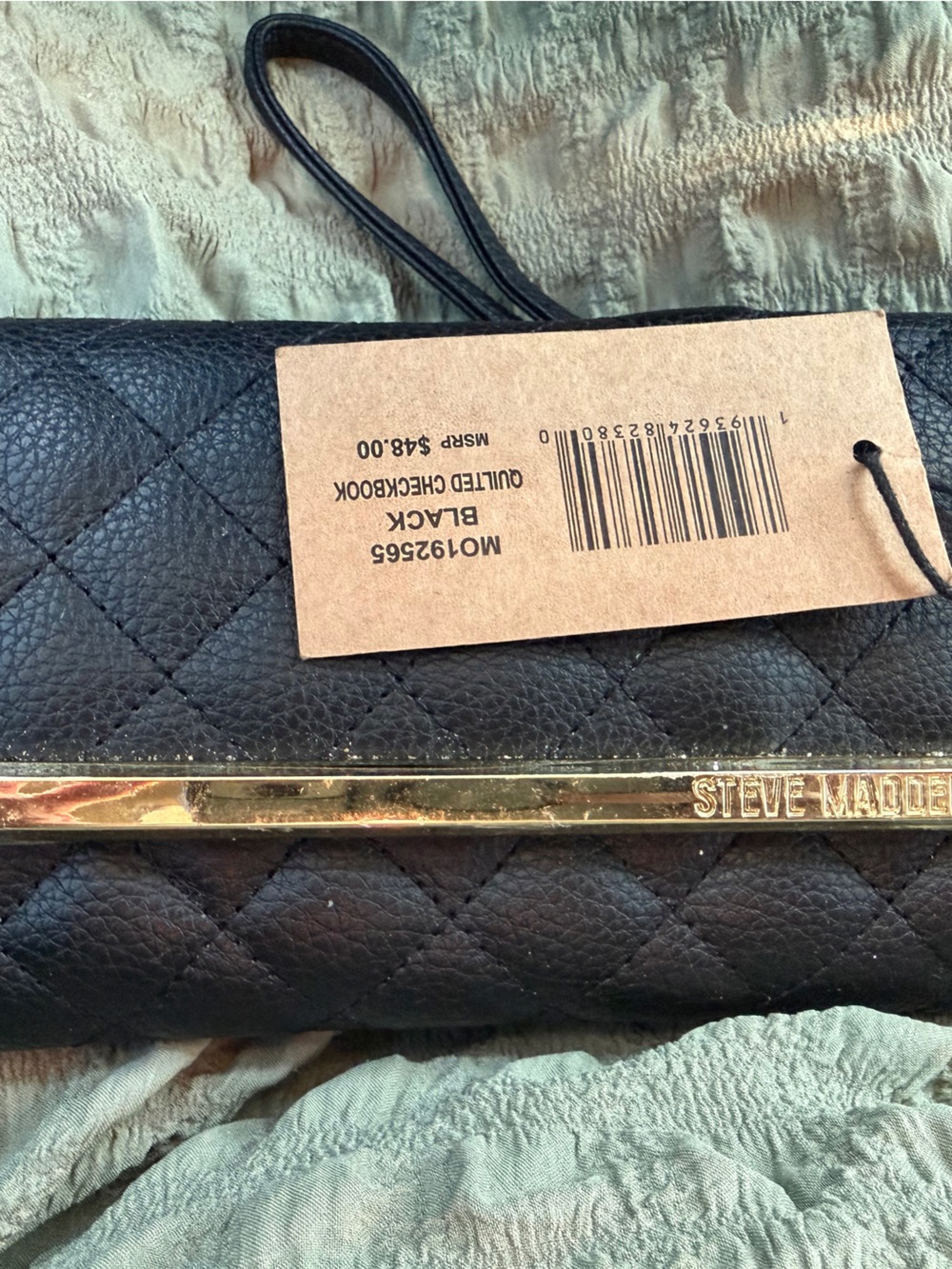 Steve Madden Black Quilted Wristlet with Gold Bar